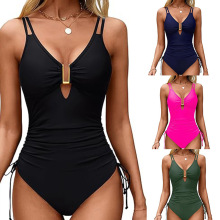 2025新款欧美纯色连体泳衣女V领镂空设计遮肚显瘦沙滩泳装亚马逊