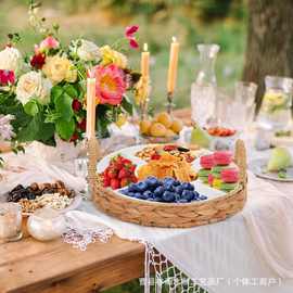 跨境水葫芦草编托盘圆形带把手水果面包托盘待客糖果干果盒零食盘
