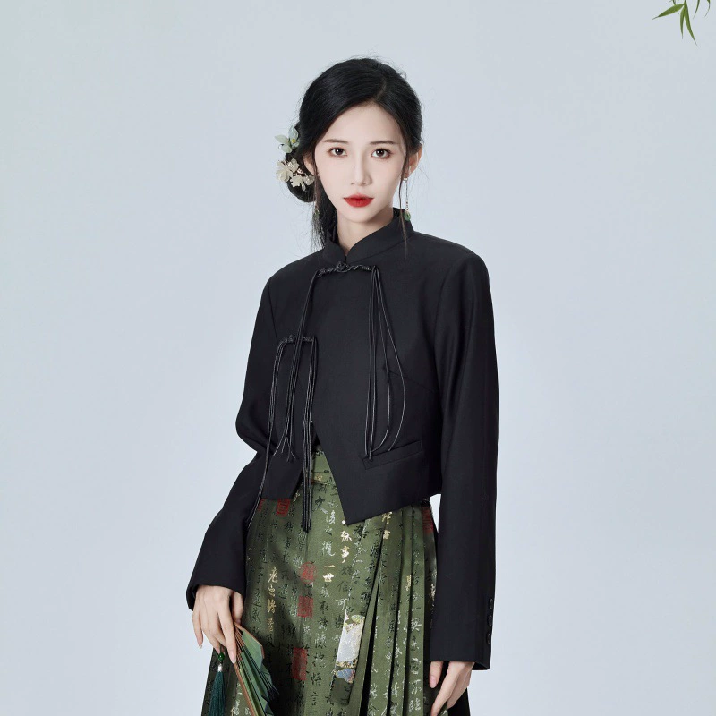 Настоящий выстрел новый костюм в китайском стиле, короткое пальто, Женский дизайнерский жилет с воротником-стойкой, юбка, универсальная верхняя одежда с кисточками и пряжкой, модный топ