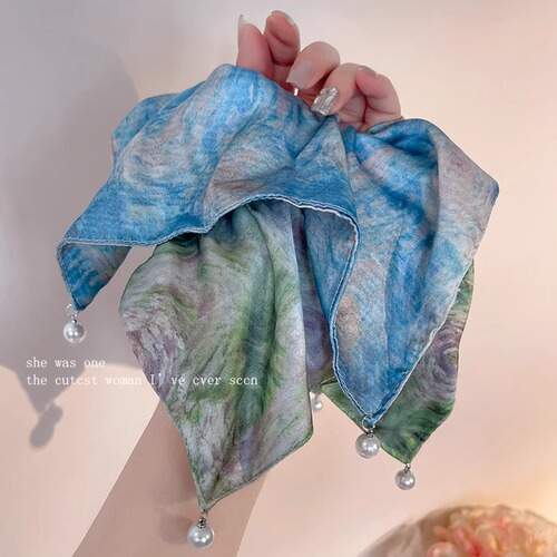 French oil painting pearl square scarf hair tie for women 2025 high-end low ponytail hair tie elegant sweet hair accessory