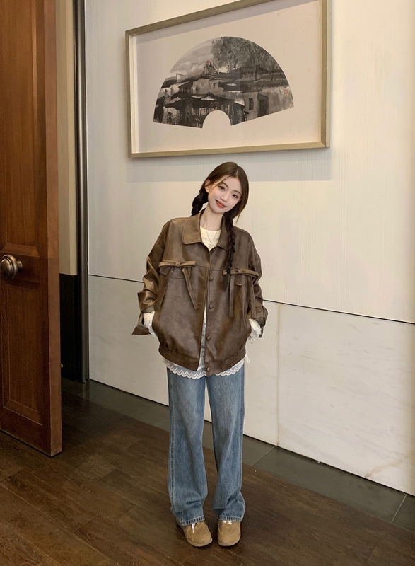 PPHOME美拉德复古蝴蝶结皮衣外套女秋季美式辣妹休闲宽松夹克上衣|undefined