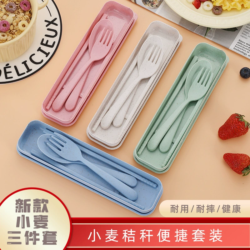 Набор посуды из пшеничной соломы простой студент на открытом воздухе портативная посуда вилка ложка палочки для еды набор из трех частей