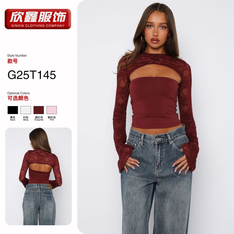 European and American Style Sexy Lace Hollow-Out Top for Women, Cross-Border Trade Flared Sleeve Slim Fit Tube-Style Short Base Shirt