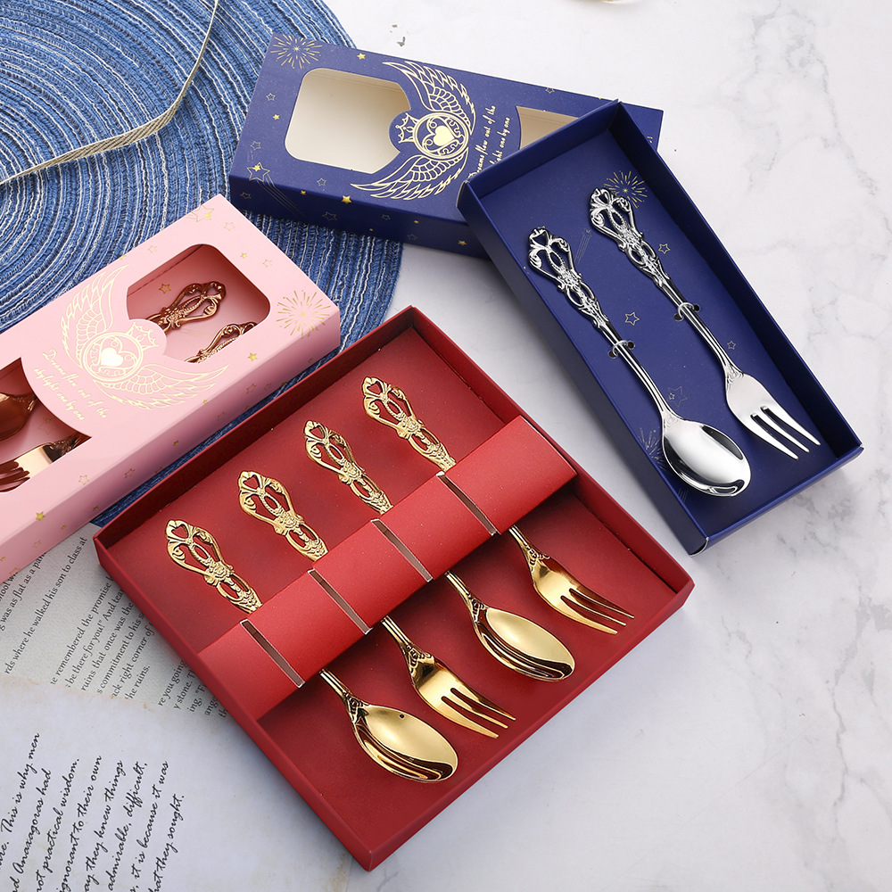 J 复古浮雕甜品勺叉 欧式镂空咖啡勺 创意镀金调羹水果叉婚庆礼品