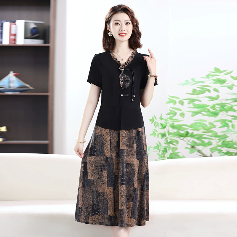 Новое платье для мамы в летнем стиле с короткими рукавами, элегантная женская свободная и тонкая тонкая юбка выше колена из двух частей.