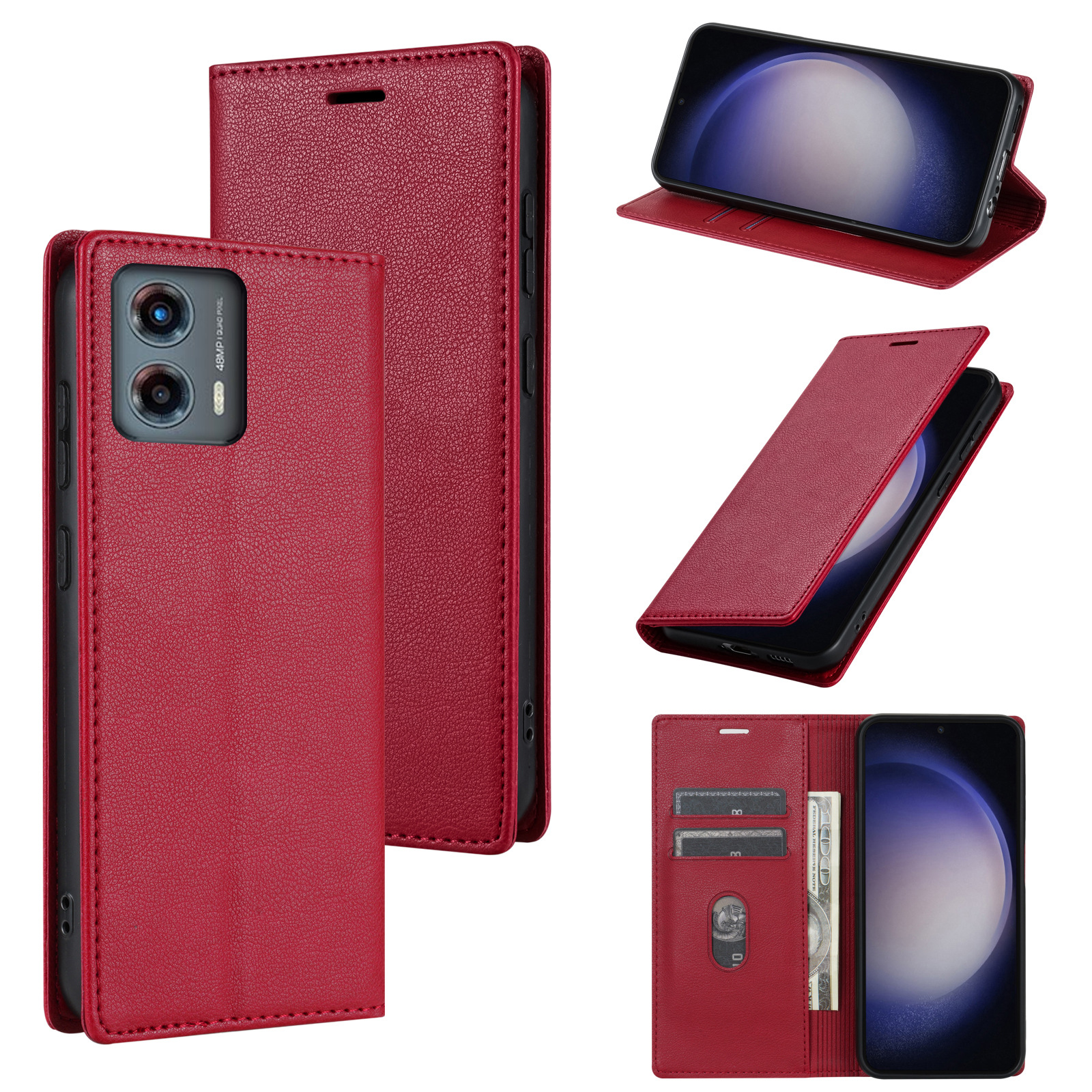 Suitable for iPhone16 phone leather case 13Pro solid color litchi pattern flip magnetic card wallet 14plus