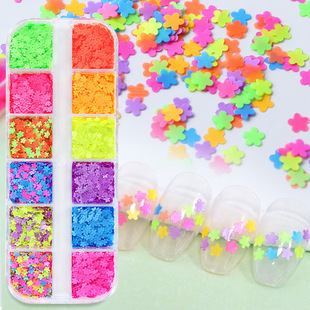 12-grids Boxed Fluorescent Flower Nail Art Sequins Set Wholesale Colorfulful 3mm Flower Nail Patch Decorative Material