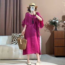 2025棉麻新款荷叶亚麻前后两穿连衣裙女装大码显瘦宽松复古长裙