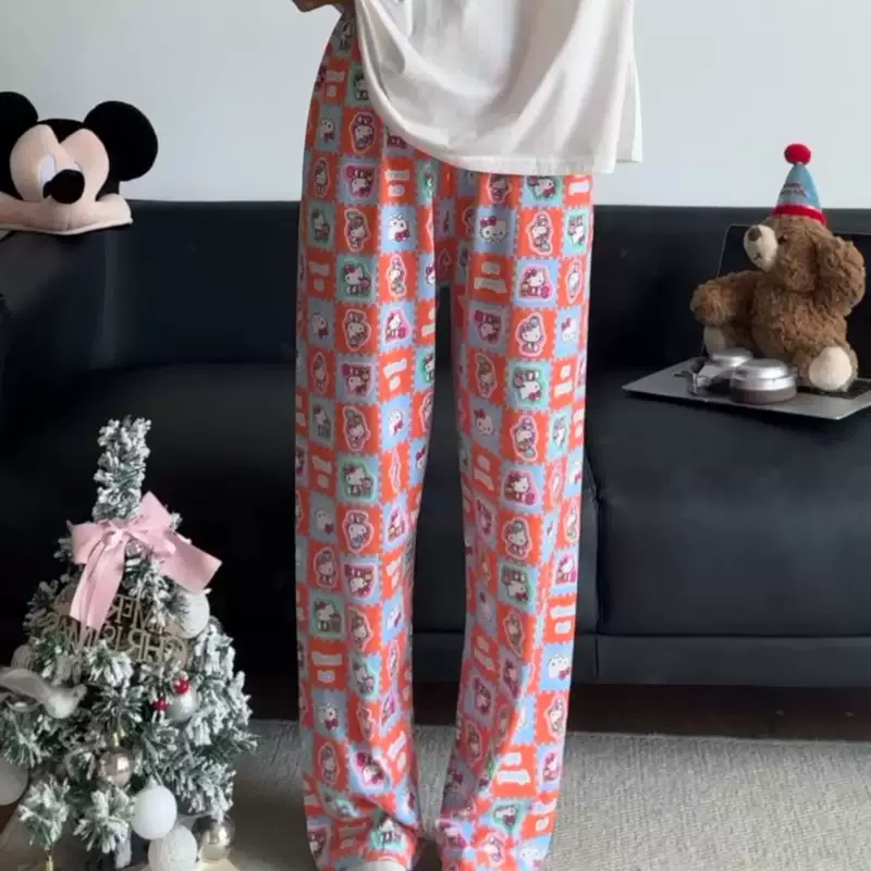 Hello Kitty, мультяшные осенние штаны, оверсайз, высокая талия, свободный прямой крой