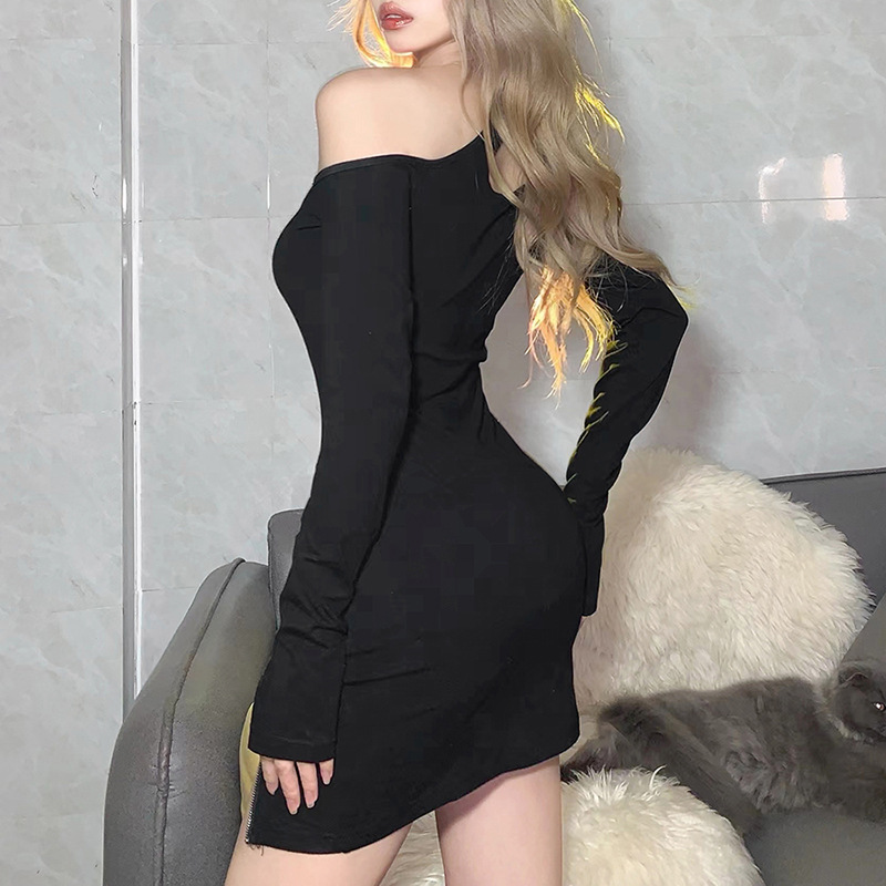 Zipper Solid Color Slim Slant Sling Long-Sleeved Off Shoulder Dress NSSS113842