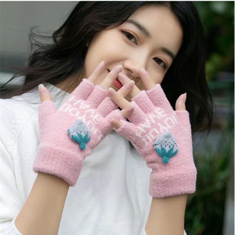 Invierno de las mujeres cálido forrado de lana engrosada estudiante escritura de moda montar lindo punto medio dedo flip guantes de dibujos animados