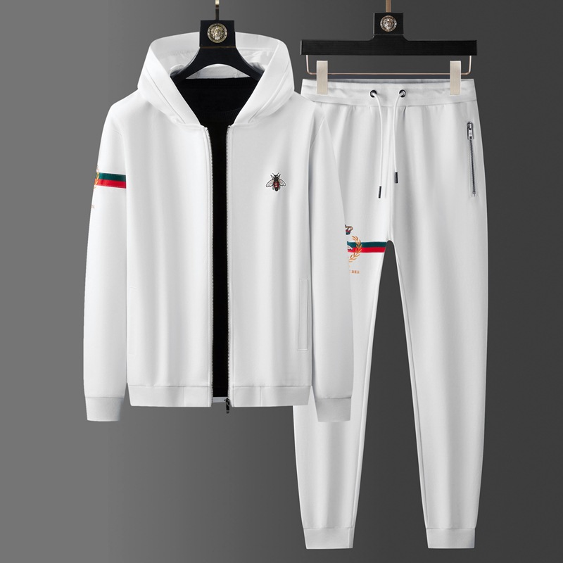 Men's Bee Tracksuit Set - Spring/Autumn Casual Cotton Embroidered Slim Fit Sweatpants Plus Size Hooded Sweatshirt (Two Pieces)