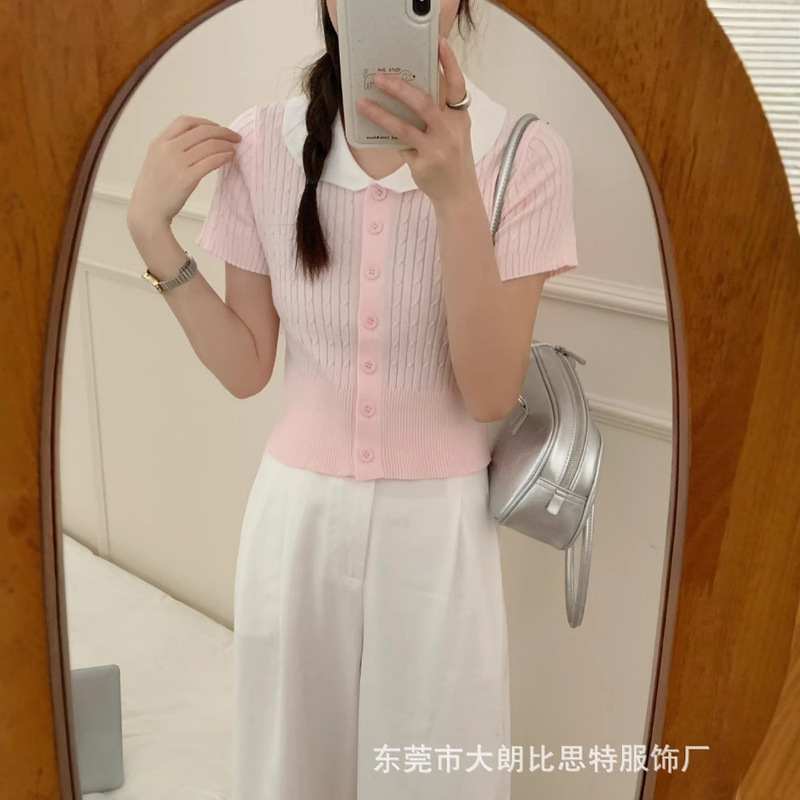 Twist Knitted Cardigan for Women in Summer, Pink, Sweet and Gentle Style, Doll Collar, Age-Reducing, Slimming Look, Short-Sleeved Top, Trendy