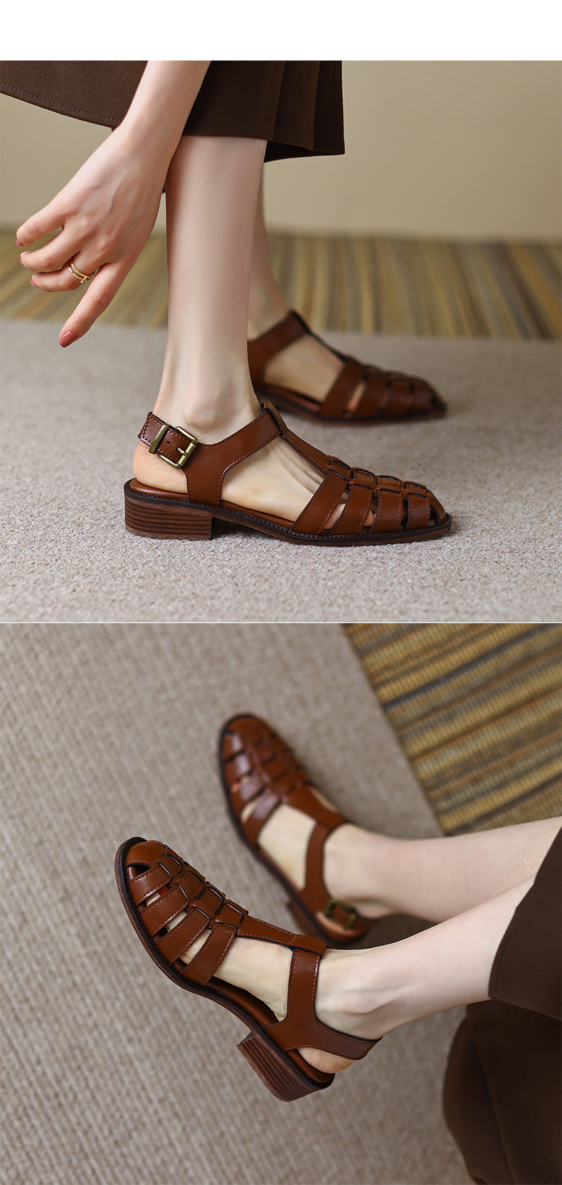 Dép sandal nữ quai chữ T dệt đế mềm phong cách retro — nâu chi tiết 7
