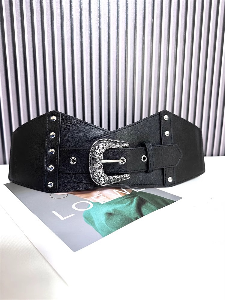 Snidad spänne lång kjolbälte kvinnors kjol elastiskt brett bälte retro snidad nit elastisk midjetätning_voghion.com
