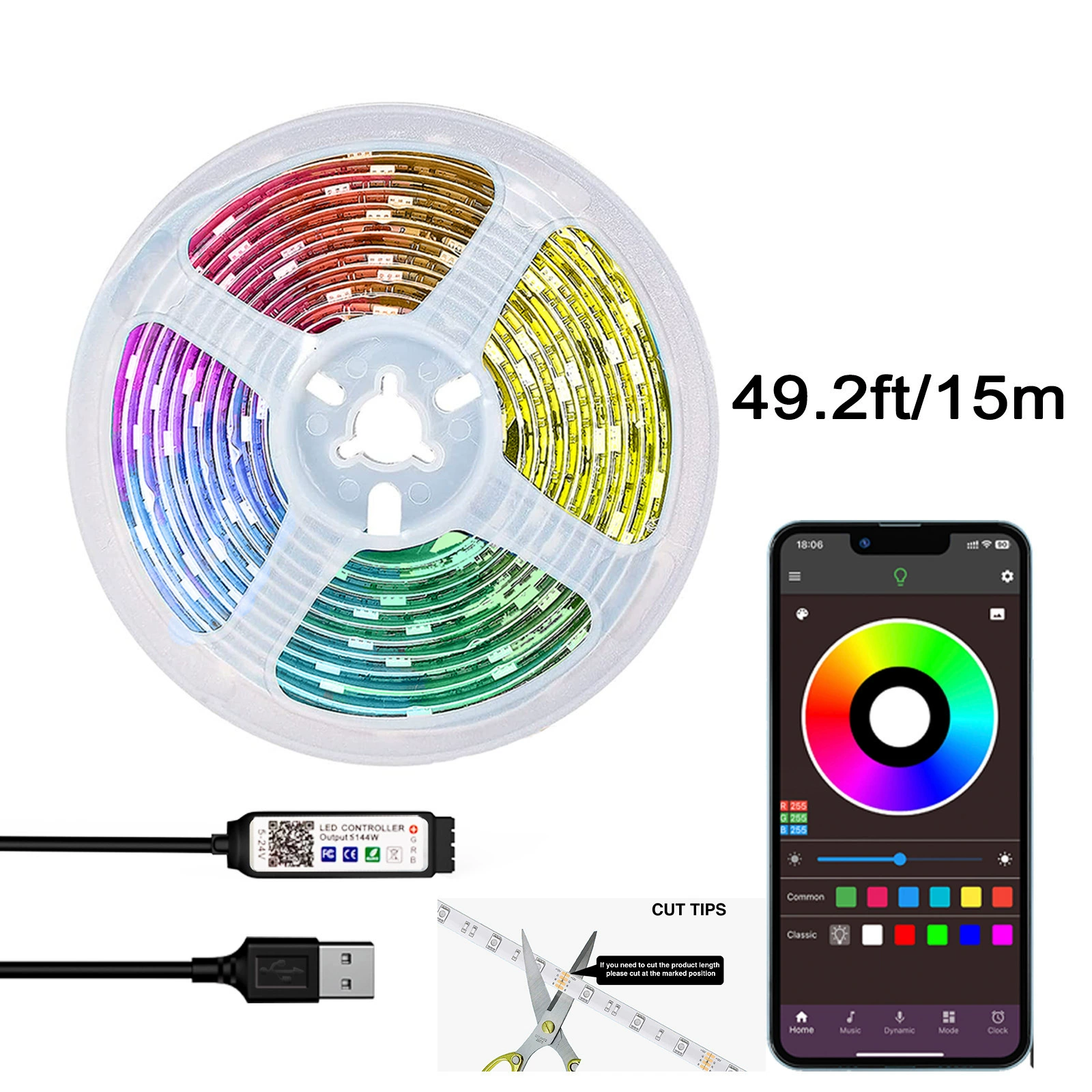 Накладная светодиодная лента RGB 5050 5В, многоцветная с регулируемой яркостью, управление Bluetooth/инфракрасное
