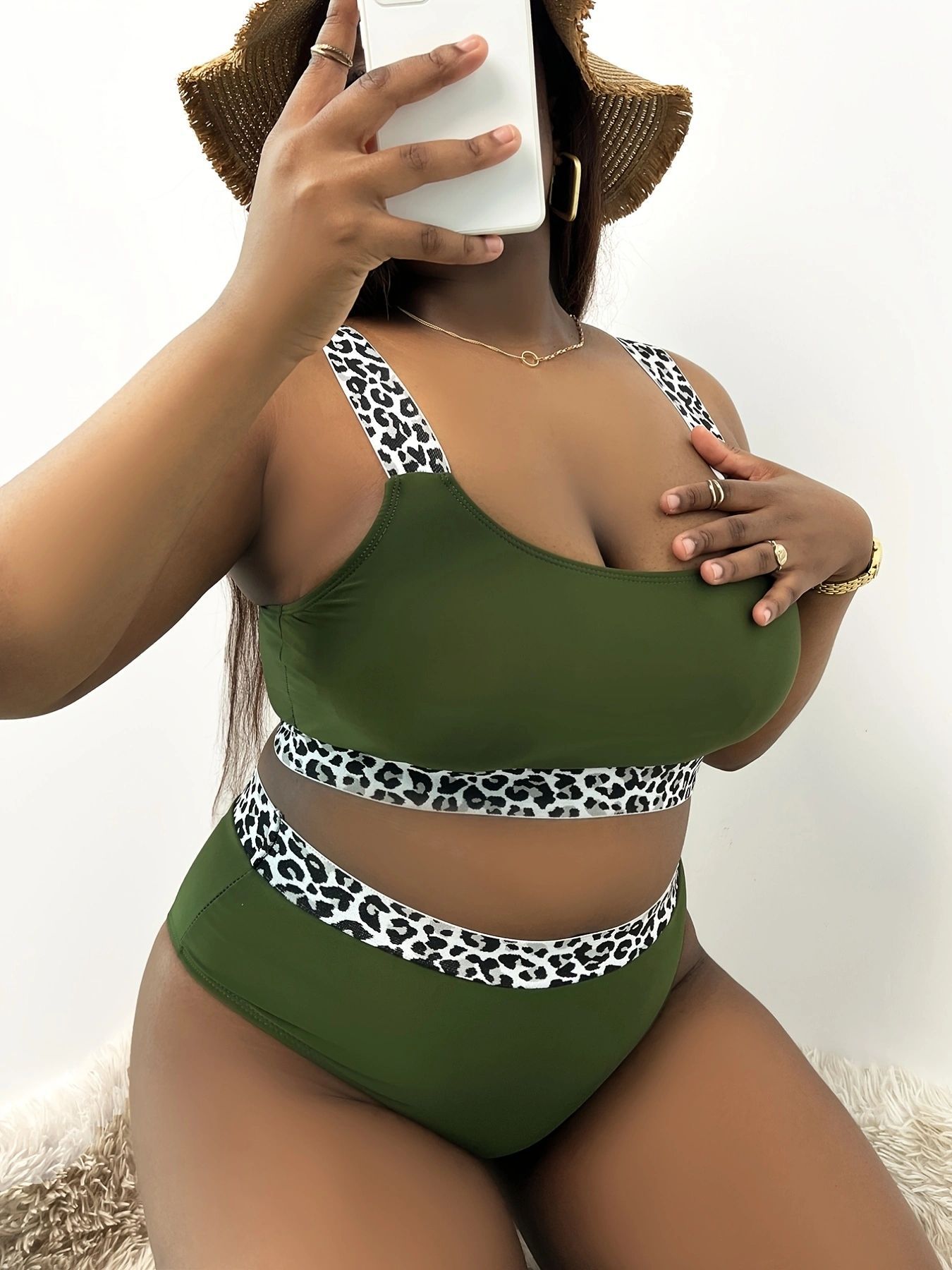 New European American Style Plus-Size Tank Top Bikini With Solid Color And Leopard Print, High-Waisted, Popular On_ecoleips.com