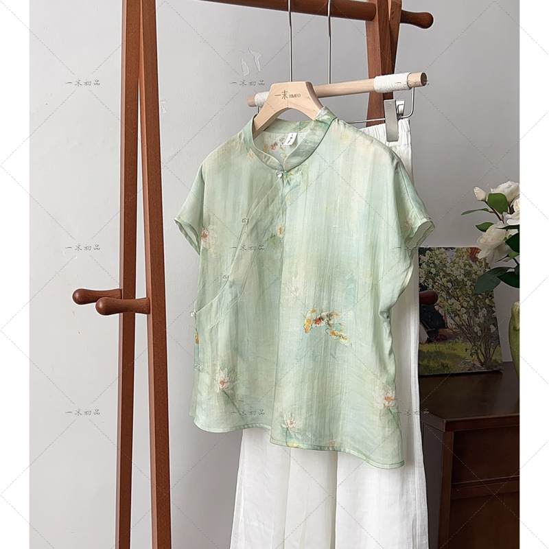 5859 "Qingrong" Original Summer Retro Stand-Collar Pearl Button Blouse with Fresh Chinese Style Print Ramie Top for Women