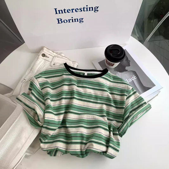 Vintage Striped Contrast Color T-shirt Women's Hong Kong Style Loose All-match Top Summer Chic Age-reducing Casual Shoulder Short-sleeve Trendy