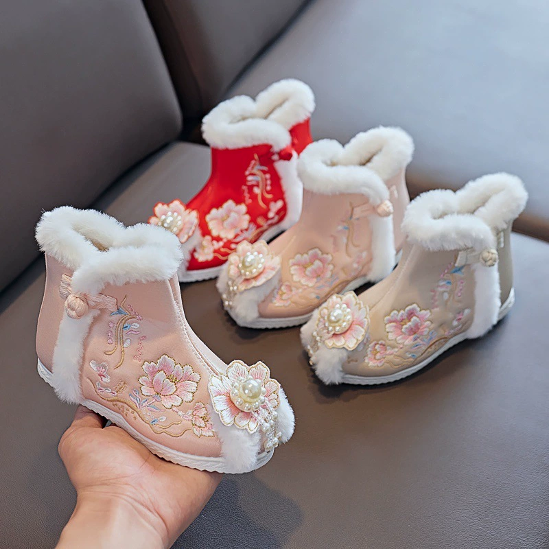 Зимние ботинки на флисовой подкладке Обувь ханьфу для девочек Старинный костюм Обувь для выступлений Хлопковая обувь Детская обувь с вышивкой Детские ботильоны в китайском стиле