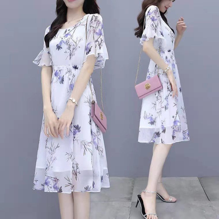 Cross-Border dress 2023 new summer elegant slimming printed A- line mid-length waist drawstring floral skirt