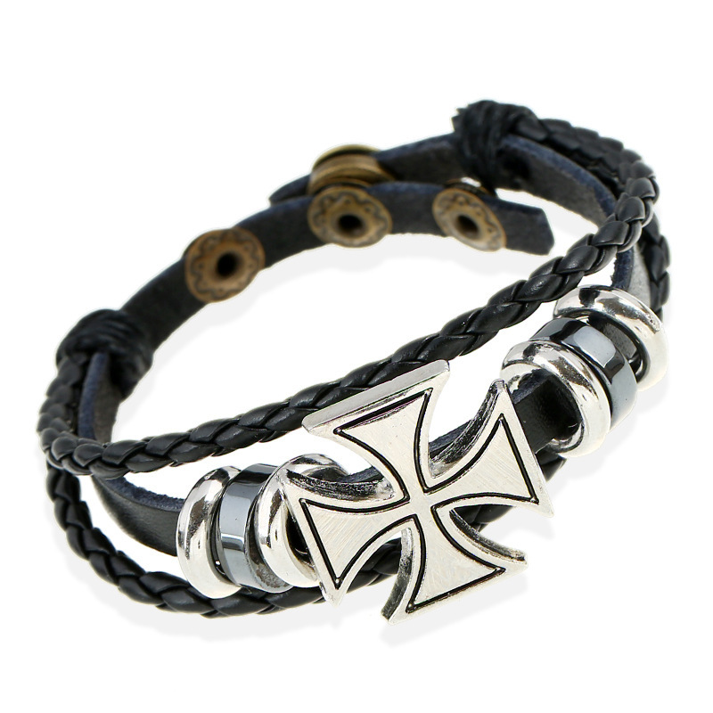 Cross-border bracelet custom European and American punk style men's leather bracelet simple hand-woven cross bracelet Cross-border bracelet custom European and American punk style men's leather bracelet simple hand-woven cross bracelet