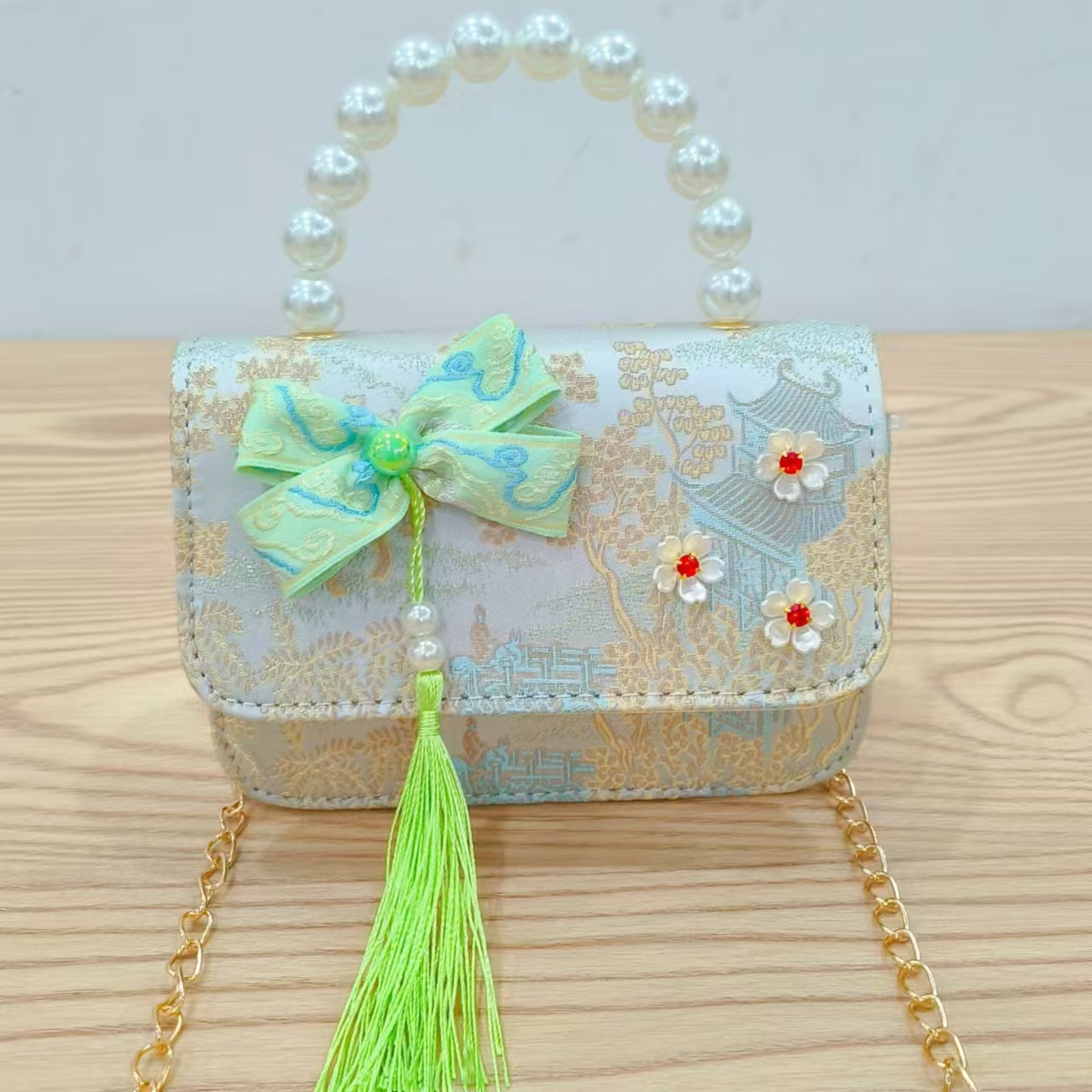Hermoso bolso de arco de perla para niños nuevo estilo antiguo bolso de borda de color extranjero bolso de hombro con diamantes