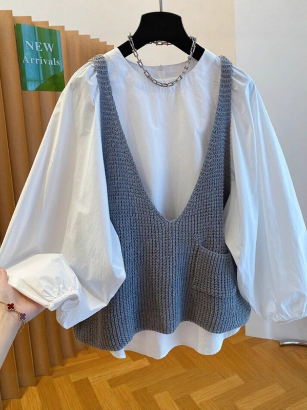 高级感针织背心衬衫两件套上衣女2025新款宽松百搭早秋氛围感套装|undefined