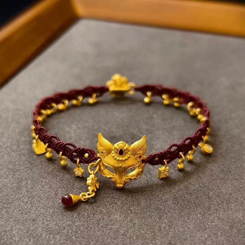 [Red Fox] New Chinese Style Fox Mask Pendant Bracelet Retro Red Braided Rope Good Luck Casual Whitening Bracelet