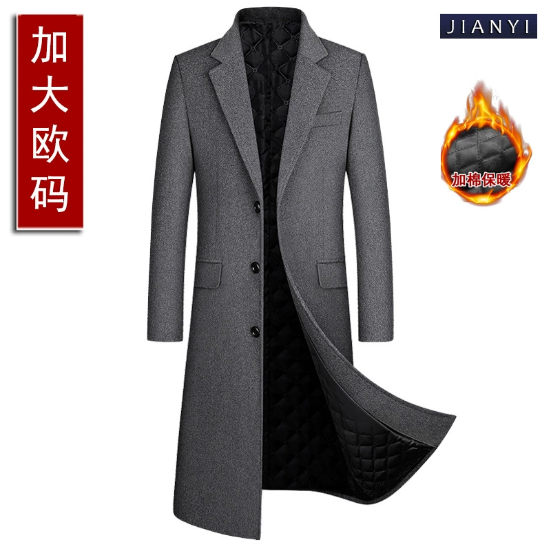 Мужское шерстяное пальто европейского размера, удлиненное, ниже колена, с воротником-стойкой, утолщенное, с хлопковым утеплителем, кросс-бордерная версия.