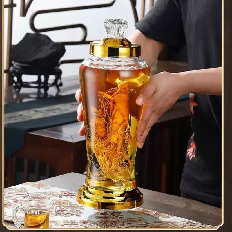 人参瓶玻璃泡酒瓶加厚无铅可自带龙头塑料金色密封泡酒坛酿泡酒罐
