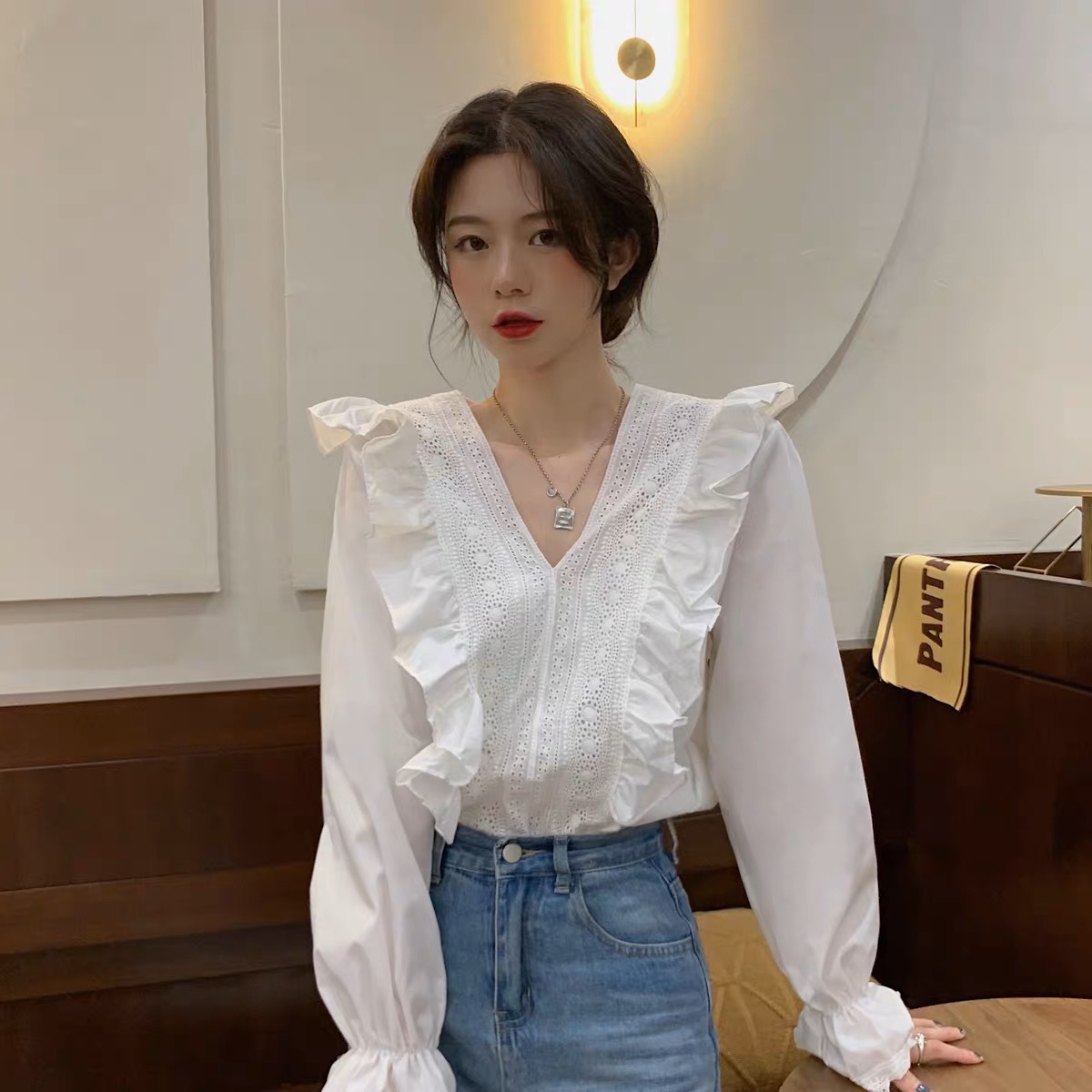 2025 New South Korea Ins Design French Niche Lotus Leaf Lace Elegant Loose Long Sleeve Shirt Top Women