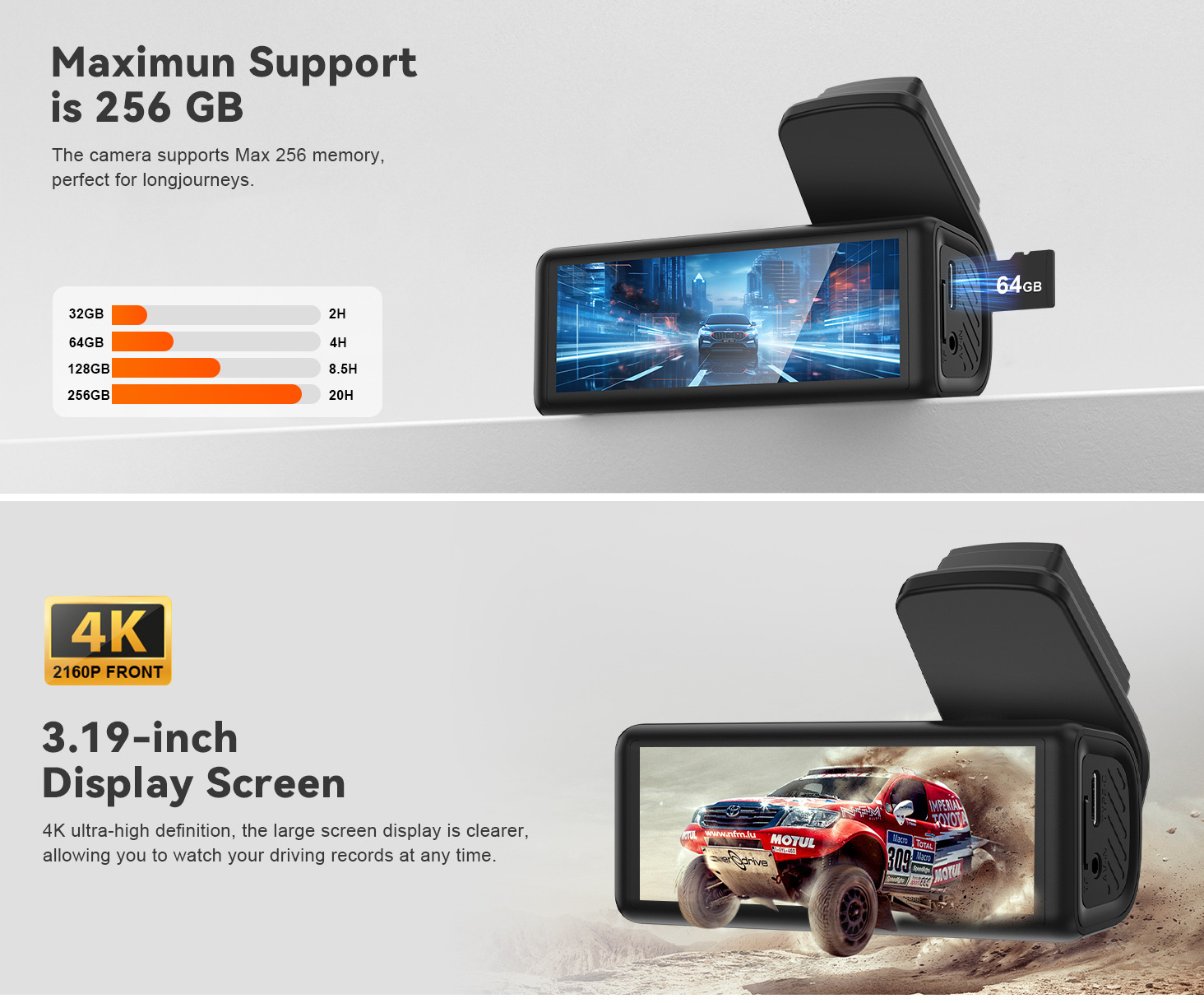 4K Dual Lens Hidden Car Dash Cam Front and Rear 3.2 inch Night Vision