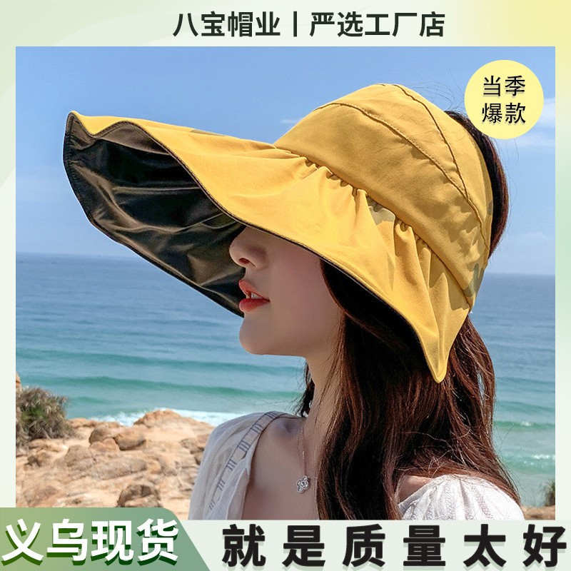 Sun Protection Beach Hat for Women, Summer Versatile Foldable Sun Hat with Large Brim, Black Rubber Open-Top Sun Hat