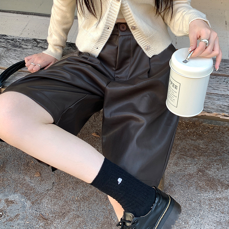 高品皮短裤靴裤女秋冬高腰宽松休闲显瘦字五六分小个子阔腿裤|undefined