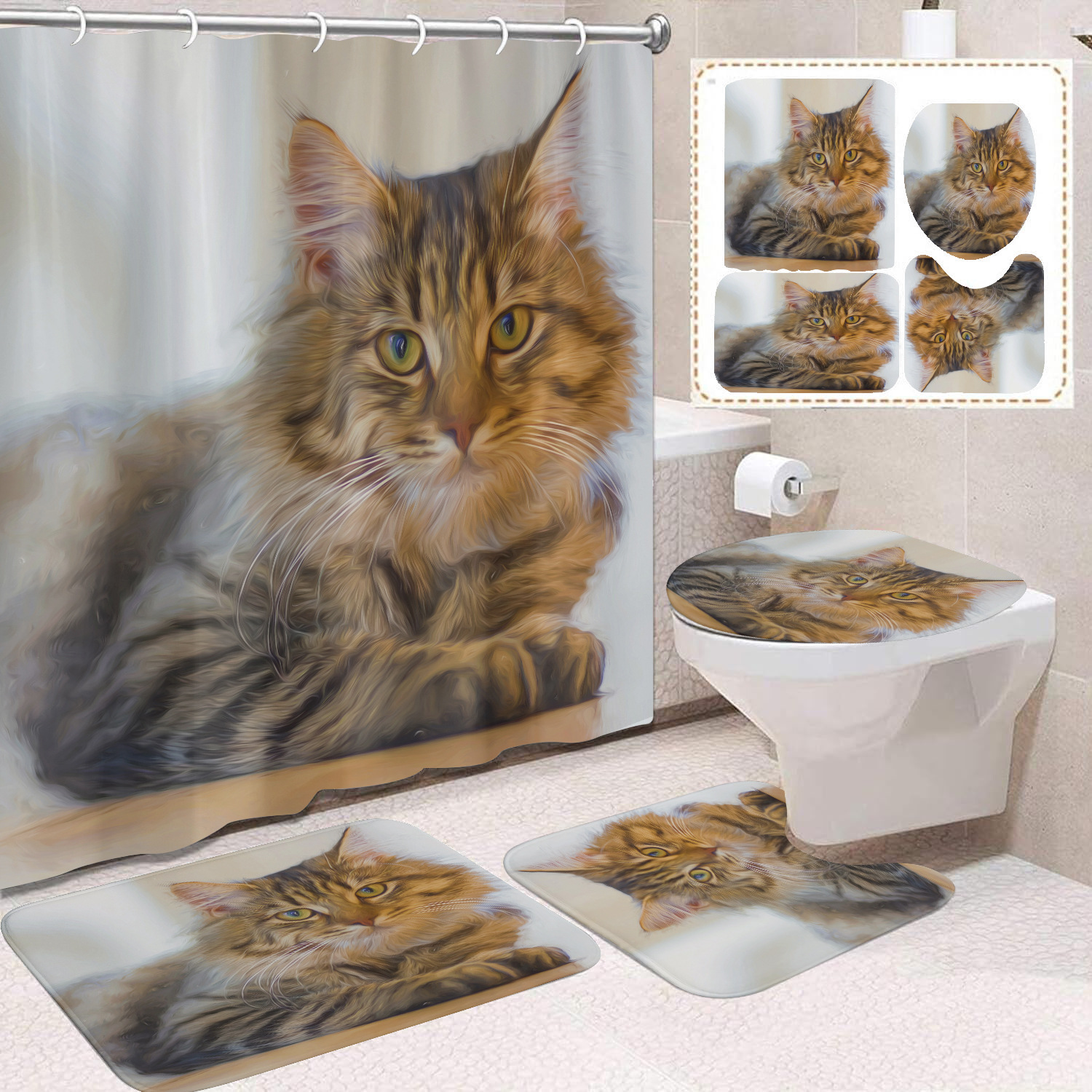 Fuente de fabricantes Amazon animales gatos niños cortina de ducha impermeable a prueba de moho cortina de ducha inodoro partición de baño divertido