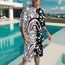 外贸跨境新款 夏威夷度假3D数码印花沙滩裤短袖T恤衫男士套装