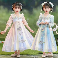Новая летняя детская одежда Hanfu в китайском стиле для девочек, радужное марлевое платье, супер фея