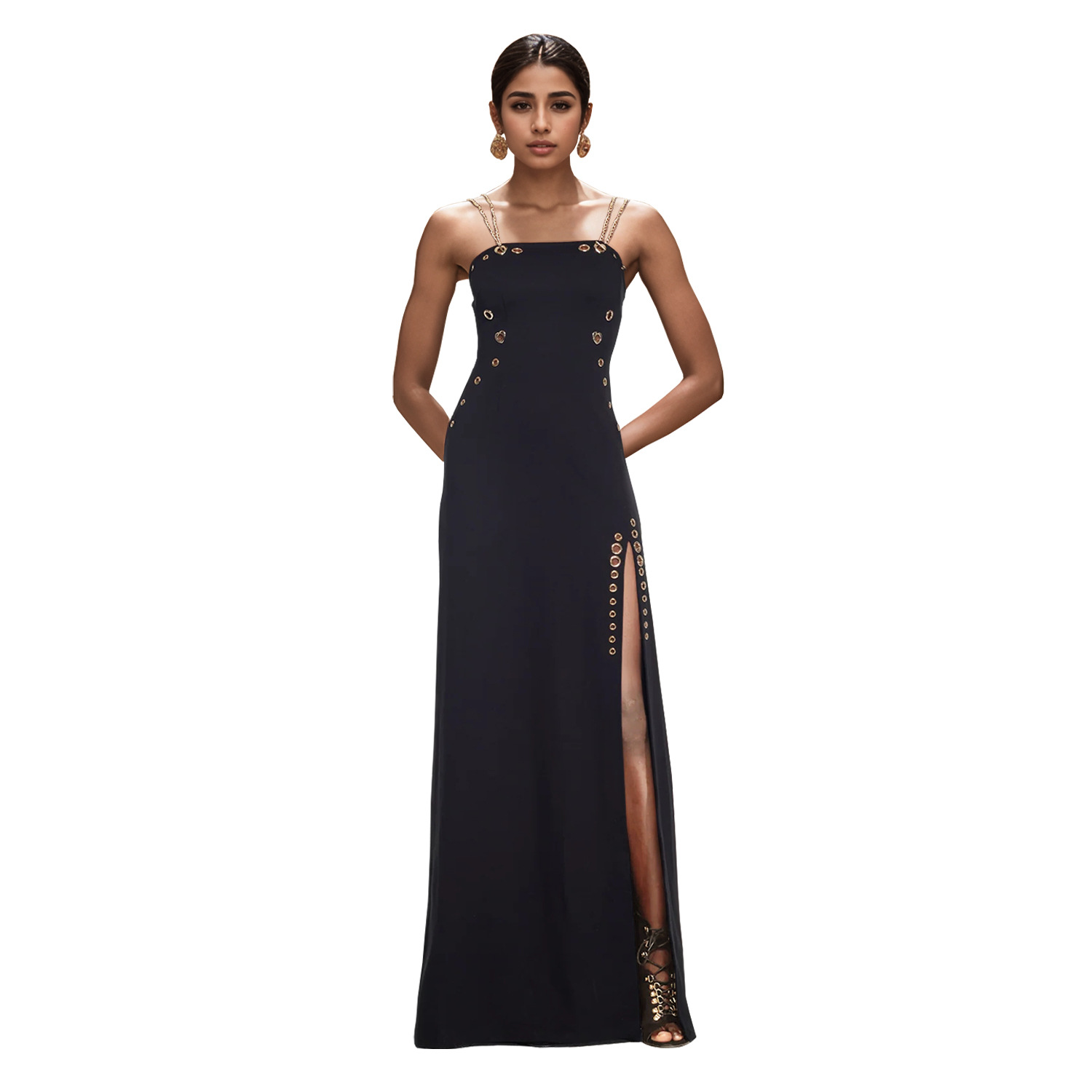 C7522 Aliexpress transfronterizo amazon ropa de moda europea y americana de mujer elegante cadena de oro sexy vestido de horquilla