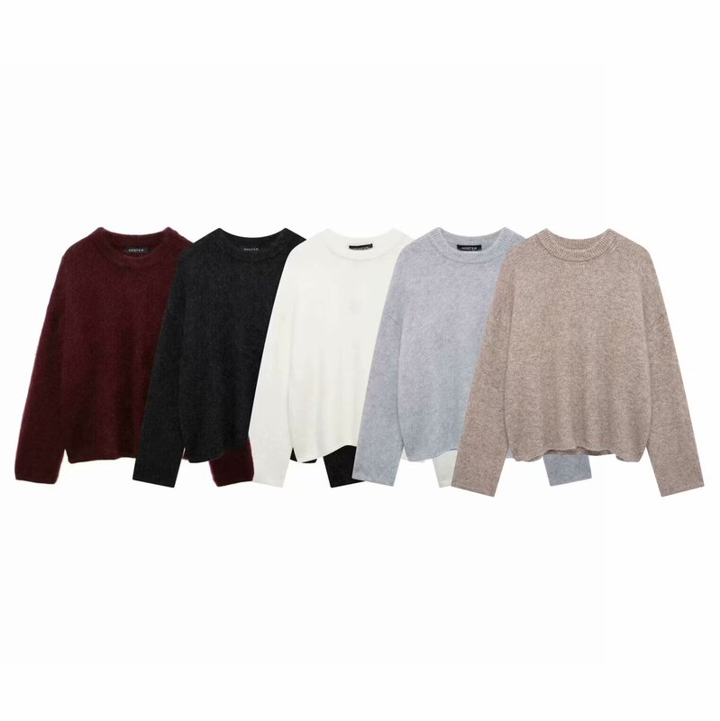 Aliexpress Autumn New European and American Cross-Border Women's Street Fashion Solid Color Round Neck Oversized Sweater