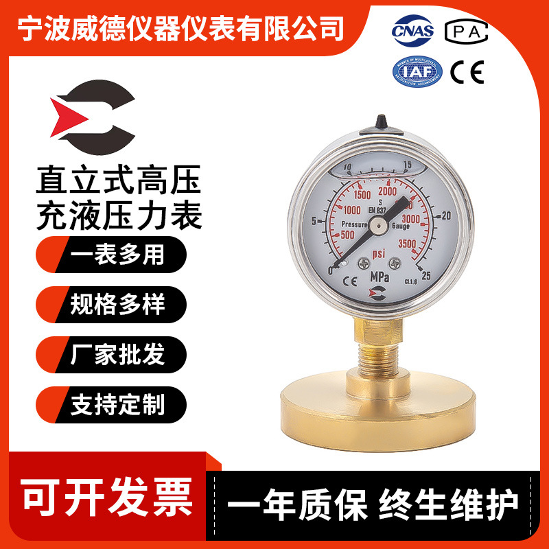 厂家供应直立式高压充液压力表 Y40压力仪表 不锈钢1.5英寸压力表