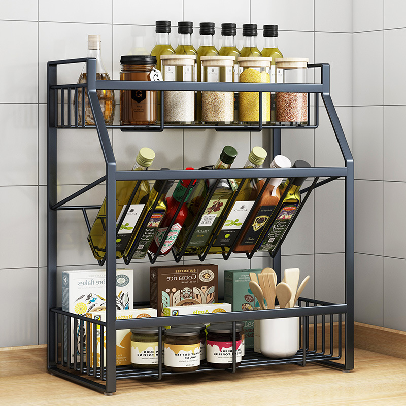 carbon steel Spice rack kitchen household to ground three layers Condiment Storage Shelf flavoring black Free installation