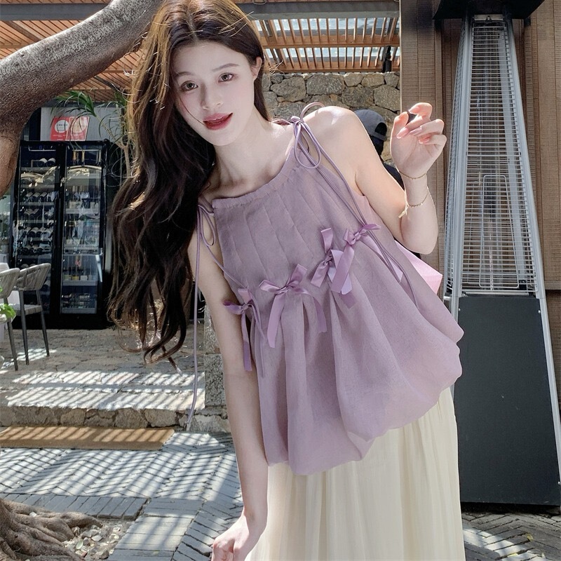 Dopamine Bowknot Sleeveless Camisole for Women, Summer Loose Design, Niche Style, Puffy Top, Elegant Blouse