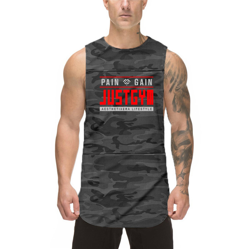 Fitness bodybuilding sports fashion brand Slim camouflage T-shirt muscle vest men's high elastic running basketball training