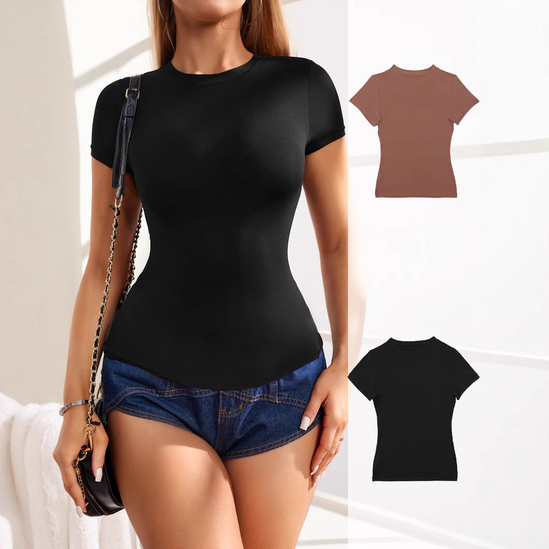 European and American Cross-Border Women's New Elastic Casual Sports Bottoming Shirt with Waist-Cinching, Sexy and Trendy Short-Sleeved Women's T-Shirt Top