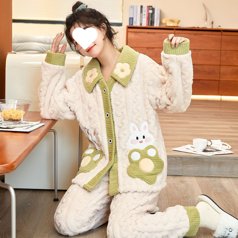 따뜻한 토끼 겨울 잠옷 여성의 새로운 두꺼운 기모 산호 양털 옷깃 홈 옷 플란넬 플러스 사이즈 느슨한 버전