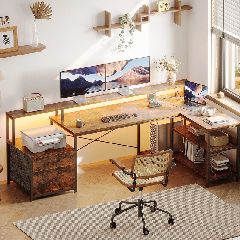 File Drawer Power Outlet Led Bar Reversible L-Shaped Computer Desk Office Desk with Storage Shelves
