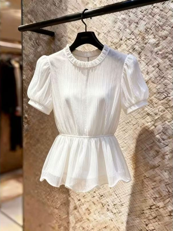 Áo sơ mi nữ tay bồng cổ sen trắng kiểu Pháp — trắng