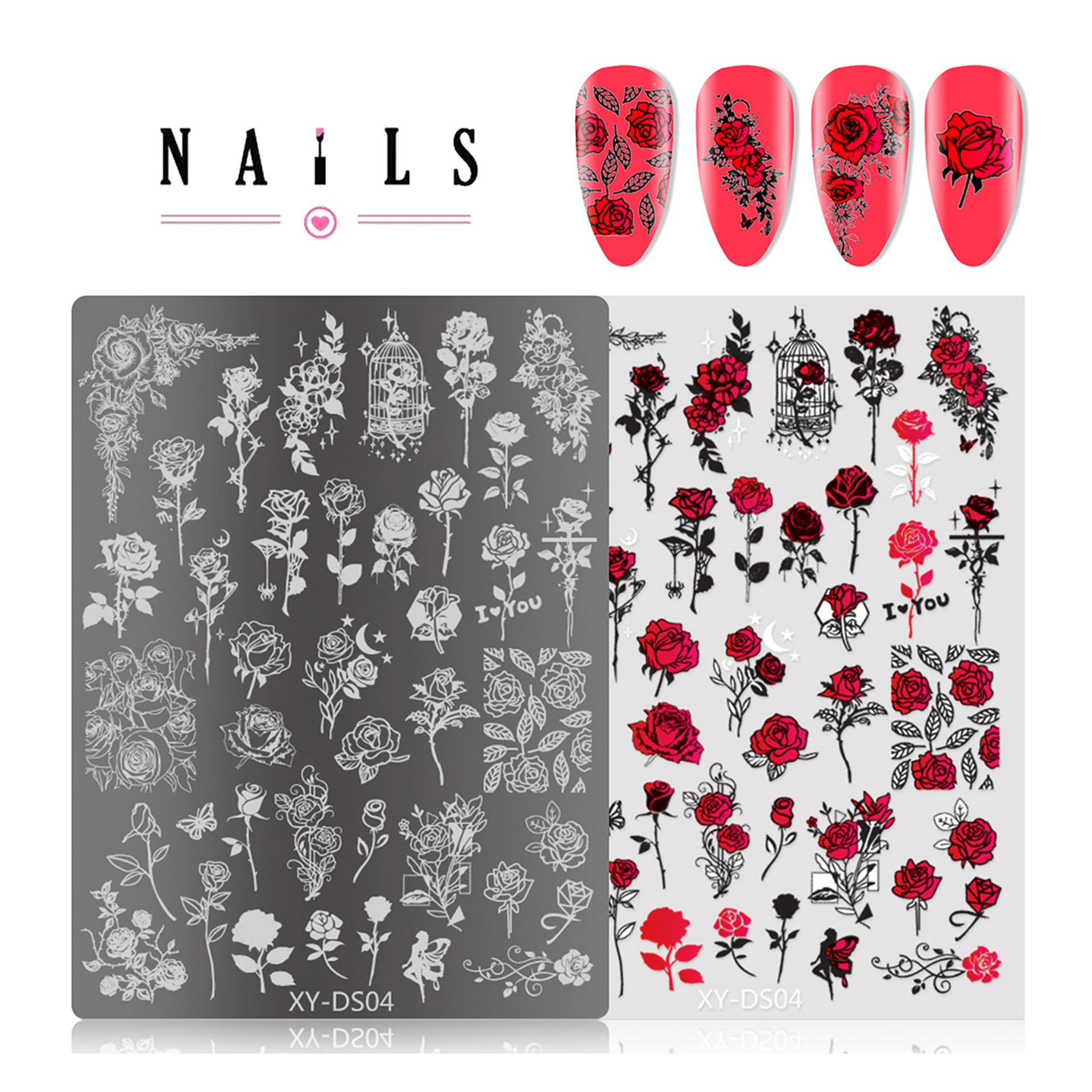 Placa de acero de transferencia de impresión de uñas de estilo explosivo transfronterizo, flor francesa, línea de mariposa, herramienta de transferencia de uñas con película de color