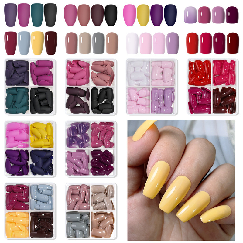 Cross-border Hot Sale Solid Color Matte Frosted Nail Pieces Short Full Sticker Frosted Fake Nails Removable Wearable 96pcs
